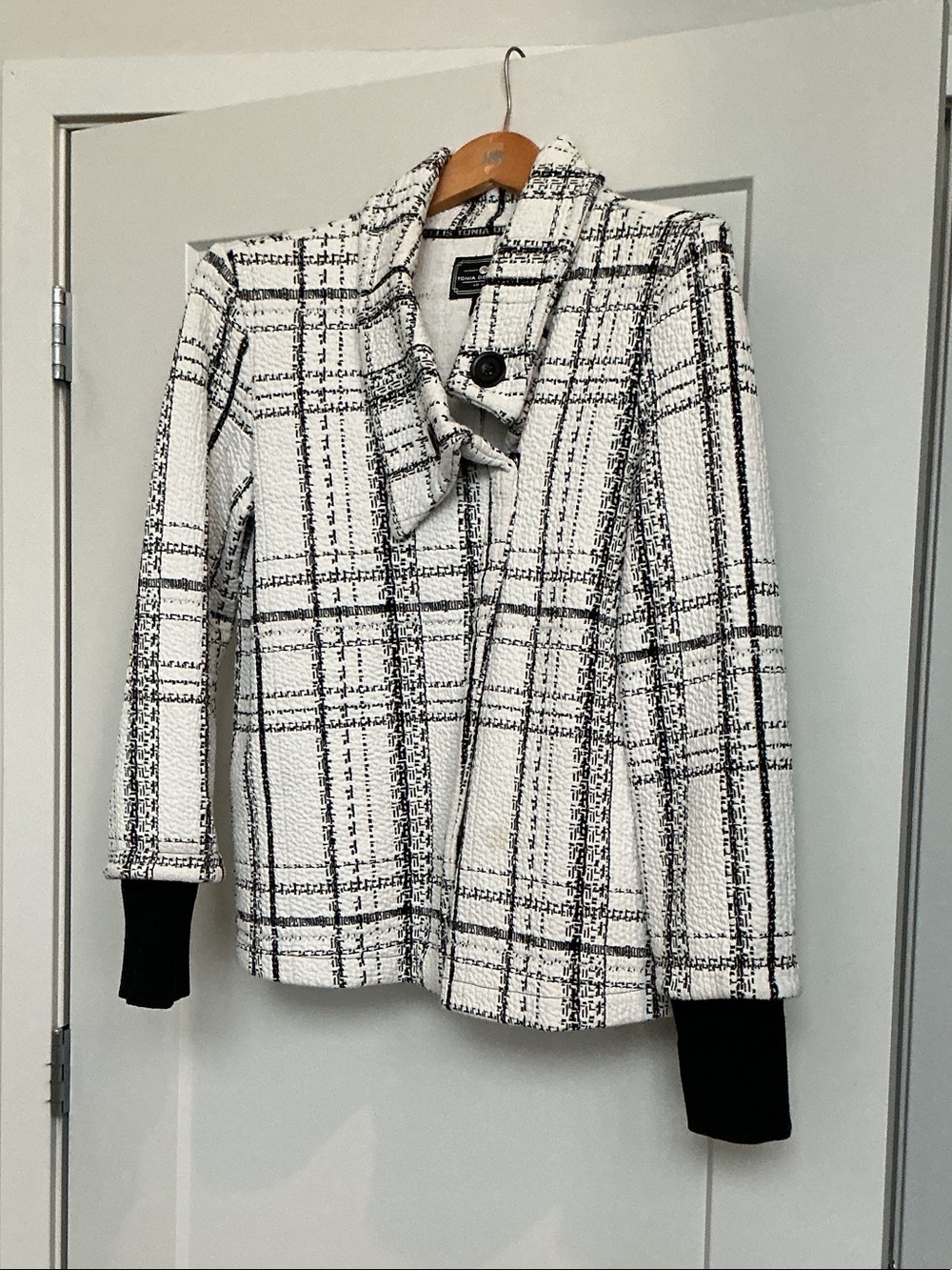 Textured Black & White Plaid Tweed Blazer